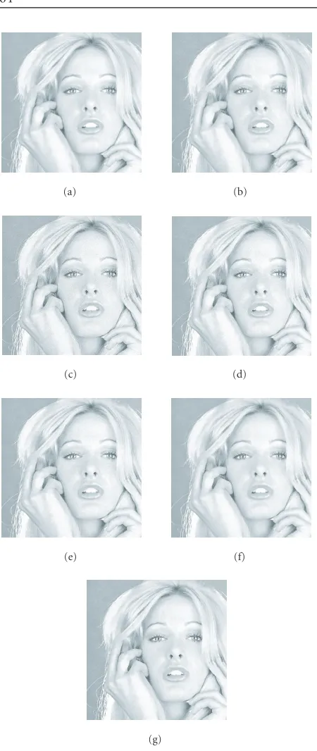 Figure 4: (a) Original image, (b) noisy image, (c) results given bylinear UM, (d) WM UM, (e) PWM-UM, (f) FAB anisotropic diﬀu-sion, and (g) proposed method.