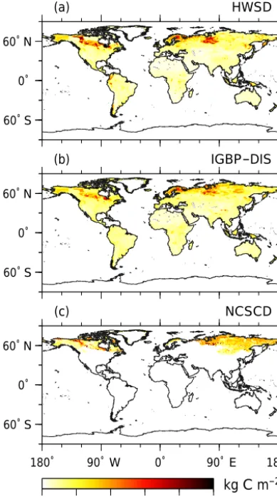 Figure 1. Soil carbon stock in the upper 100 cm (kg C m−2) fromthe observational databases (HWSD, IGBP-DIS, and NCSCD).