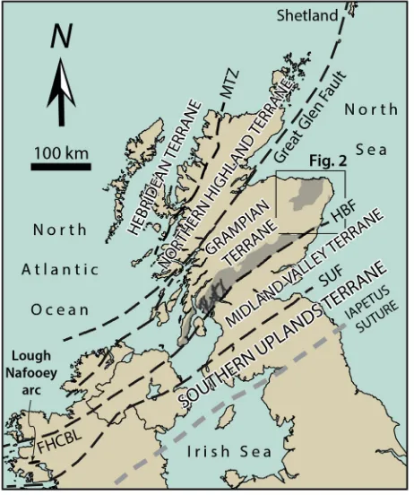 Figure 1. Terrane map of the British Isles. The Buchan Block, part of the widerGrampian Terrane, is located within the box (see Fig