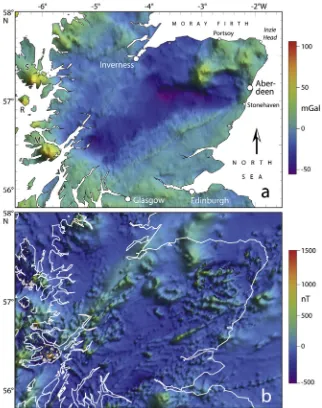 Figure 3. Geophysical data. (a) Land gravity survey data showing Bouguer gravity anomaly (in mGal) centred on the Grampian Terrane of Scotland; S(b) Aeromagnetic survey data for the same area showing magnetic anomalies (in nT) processed with reference to t