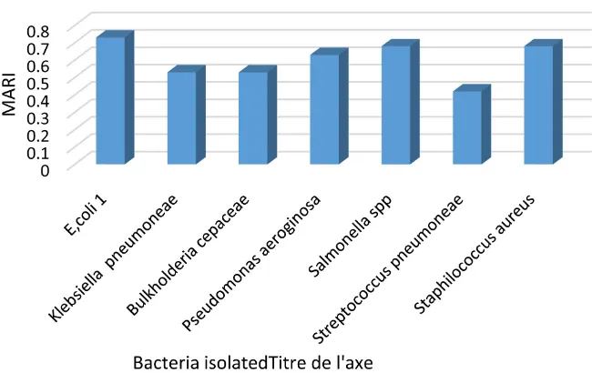 Figure 5. Multi antibacterial resistance index of the bacteria isolated Multi drug resis-tance was observed in all the isolates used in this study with the highest index found in E