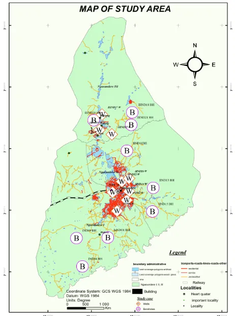 Figure 1. Map of the study site showing some boreholes and wells in Ngaoundere councils (Source: open street map Sogefi, 2018) [11]