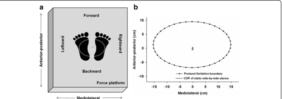 Fig. 1 a(follow the same spatial orientation defined above. Schematic representation of the spatial configuration of the force platform, a participant’s feet in the side-by-side position, the participant’spostural limitation boundary (dashed white line), a