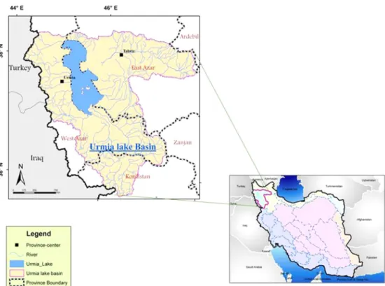 Fig. 1. Urmia lake basin with rivers network and involved provinces.