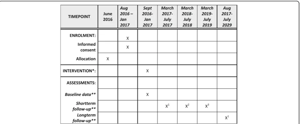 Fig. 2 SPIRIT diagram for the schedule of enrolment, interventions, and assessments. *See description of the intervention in main protocol and2011, 2012, or 2013;Additional file 2