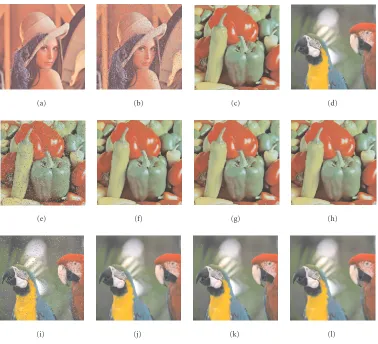 Figure 2: Color images test: (a) original image Lena, (b) image Lena corrupted by 10% impulsive noise (Peppers, (d) original image Parrots, (e) image Peppers corrupted by 10% impulsive noise (pv = 0.10), (c) original imagepv = 0.10), and (i) image Parrots 
