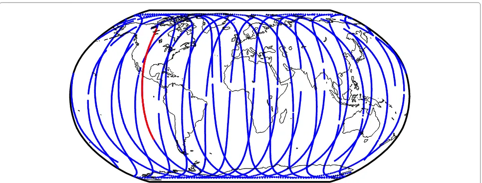 Fig. 4 Orbit tracks of the first modelling data set used for the single-day approach where the red section presents geomagnetically quiet data only(Robinson projection)