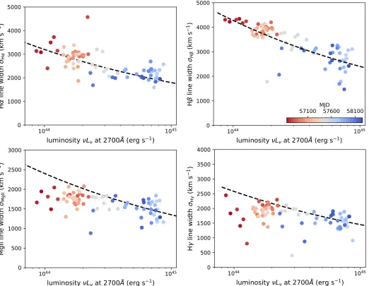 Figure 8. Line width measurements for Hcurve is a relationdemonstrates the expectedblue lateα, Hβ, Hγ, and Mg II as a function of continuum optical luminosity