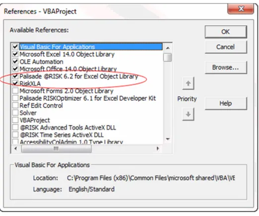 Figure 5 @RISK References    Writing Your First @RISK Program  This section won’t teach you a lot about VBA for @RISK, but it will give you the thrill of developing a  simple @RISK application with VBA—and getting it to work! Here are the steps:  1