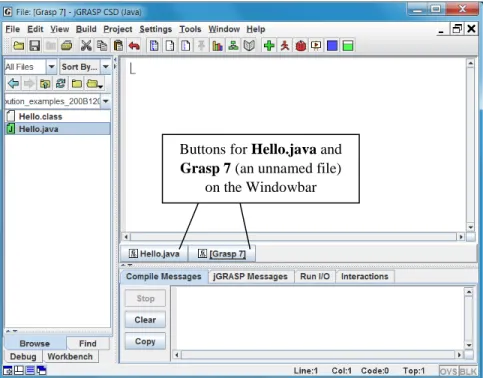 Figure 2-4.  After opening a new CSD Window for Java Buttons for Hello.java and Grasp 7 (an unnamed file)  