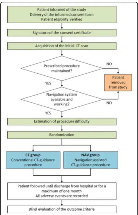 Fig. 2 Clinical trial overview. CT Computed tomography, CT groupActive comparator arm in which procedures are carried out guided byconventional computed tomography, NAV group Experimental arm ofthe trial in which procedures are carried out using navigation assistance