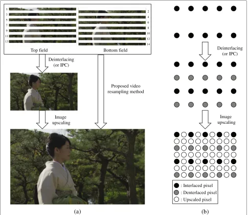 Figure 1 Display processing flow diagram. (a) Converting from incoming deinterlaced image to display format and (b) illustration of the positionof the interpolated pixels.
