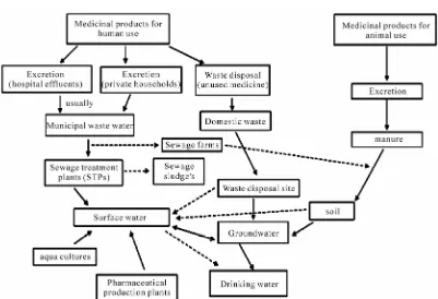 Figure 1. Scheme showing possible sources and pathways for the occurrence of pharmaceutical residues in the aquatic environment