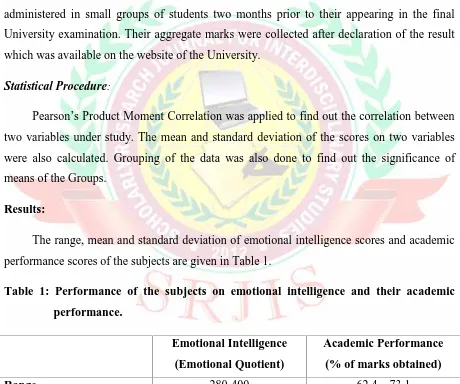 Table 1: Performance of the subjects on emotional intelligence and their academic