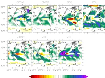 Figure 4. Maps of annual-mean outgoing longwave feedback term (OLWcloudFB), as calculated using Eq
