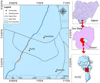 Figure 1. Map of the Otamiri River in FUTO showing the sampling points. 