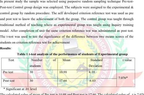 Table 2.  The performance of students of control and experimental group on post test 