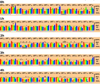 Figure 2. Time dependence of regional development of spectral power within 6 frequency ranges for the recording condition “EO”