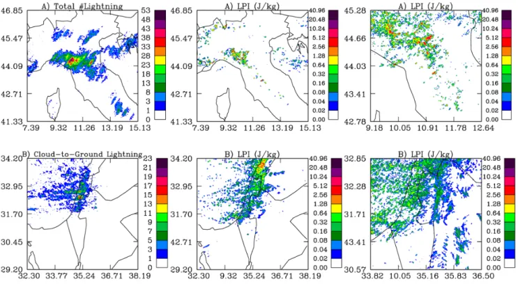 Fig. 1. Observed 24 h lightning is two case studies for Italy and Israel. The upper row is for case study (A) 9 September 2008 (ZEUS network), and the lower row for case study (B) 28 February 2009 (LPATS network), respectively