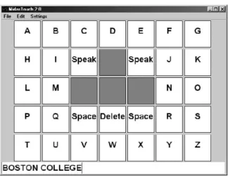 Figure 10: Spelling Board: The user controls what is typed at the bottom of the interface by selecting the letters with the standard mouse or the Camera Mouse