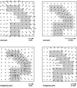 Fig. 5. Induction arrow map showing real and imaginary parts for T = 1000 sec. of the resistive anomaly (left) and the conductive anomaly (right).