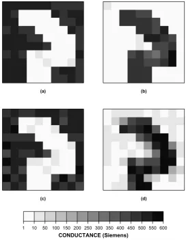 Fig. 6. Conductance map obtained from inversion using linear discretization of prior conductance values: inversion of impedance tensor for (a) resistiveand (b) conductive anomaly, inversion of induction vector for (c) resistive and (d) conductive anomaly.