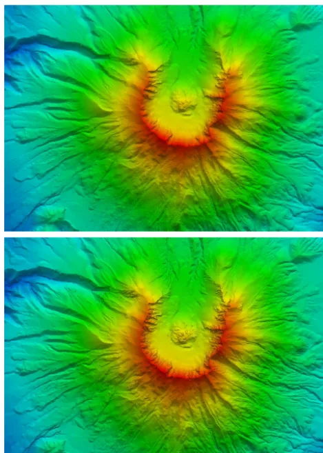 Figure 12. Visual examination of St. Helens. Top: cCVT grid. Bot-tom: HFPR grid. The latter grid appears more rigid than the former,which implies a stronger generalisation effect.