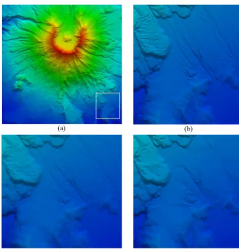 Figure 14. Detail loss of the HFPR generalisation grid. The in-spected area in the experimental site is bounded by the white rectan-gle (a); the magniﬁed inspection area on the original dense TIN (b);the area on the cCVT-generalised TIN (c); and the area o