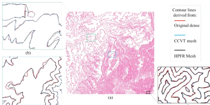Figure 16. Comparison of the derived contour lines. The contours from the dense UTM11 dataset are shown incontours that were derived from the cCVT grid (rendered in blue) are more in line with those from the original dense surface (rendered inred)
