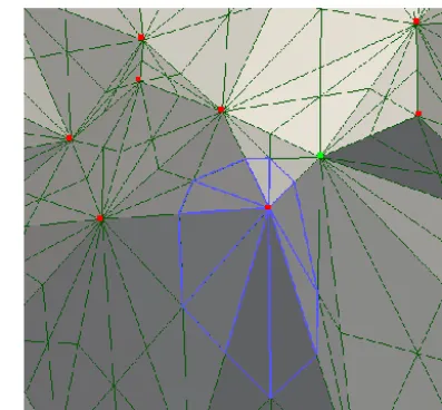 Figure 3. The triangles incident towards the ﬁrst vertexdual grid comprise an initial approximated Voronoi cell (rendered ri on theas a blue wireframe); the centre vertex is rendered in red.