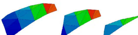 Figure 4. A triangle Tj (rendered in semi-transparent blue) with its minimal bounding box’s intersection part narrPd with the original gridon the approximate grid (left), the localised intersection part narrPd (middle), and the intersection part on the original grid oriPd (right).