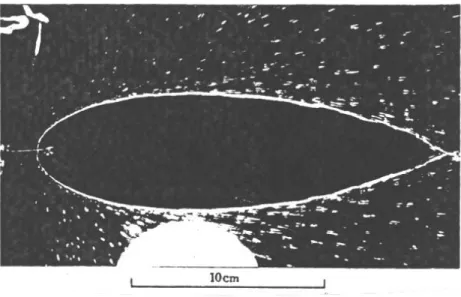 Figure 2: A water sheet generated by the collision of water jets at left. The fluid streams radially outward in a thinning sheet; once the fluid reaches the sheet rim, it is ejected radially in the form of droplets