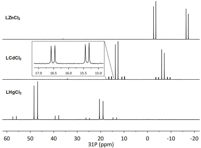 Figure 4: Stacked 31P{1H} NMR spectra of [LMCl2] (M = Zn, Cd, Hg) recorded at 202.5 MHz with the Cd satellites expansion shown
