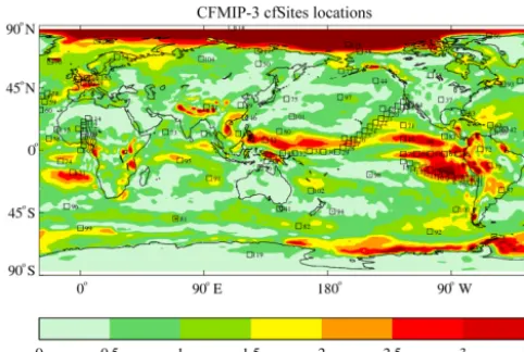 Figure 2. CFMIP-3/CMIP6 cfSites locations. The contours givean indication of inter-model spread in cloud feedback from theCFMIP-2/CMIP5 amip/amip4K experiments (please refer to Webbet al., 2015a, for details).