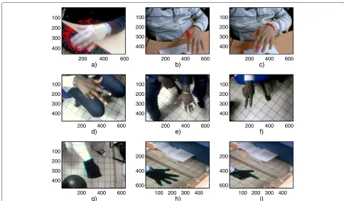 Figure 6 (a,b,c) White-skinned people. (d,e,f) Colored people. (g,h,i) Black gloves. Motion detection with optical flow