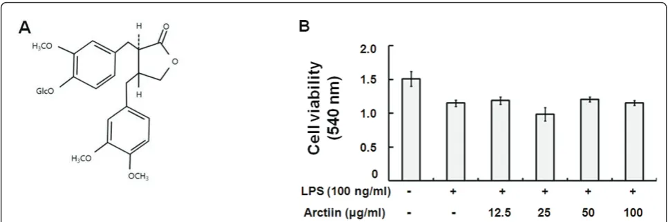 Figure 1 Structure of arctiin (A); Cell viability (B). Cell viability was evaluated as described in ‘Materials and Methods’.