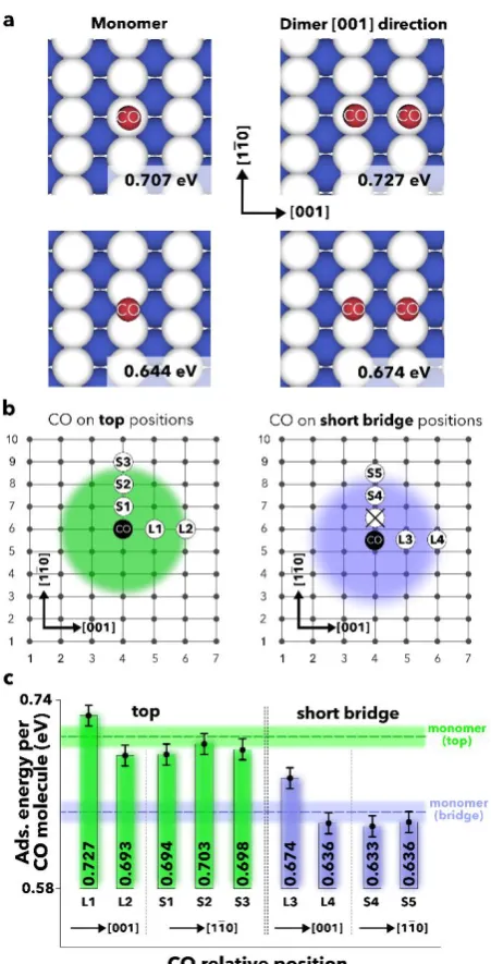 Fig. 3. DFT calculations for CO on Cu(110). (a) Top view of the optimised geometries for monomers (left panels) and dimers (right) adsorbed on top sites (top) and on short-bridge sites (bottom)