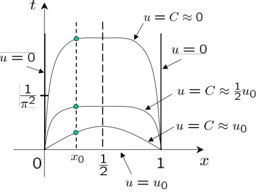 Figure  3:  Curves  of  constant  temperature  u(x, t) =  c,  i.e.,  the  level  curves  of  u(x, t)