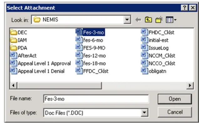 Figure A-4: Select Attachment Dialog Box with Selected File  8.   Click the OPEN button