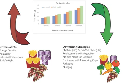 Fig. 1. (Colour online) A schematic representation to illustrate a notional portion size effect (PSE) imagined from combining anumber of laboratory studies (more offered, more eaten across age groups) as well as potential drivers (red) of the PSE andpotential downsizing strategies (green) which could be applied to resist the PSE.
