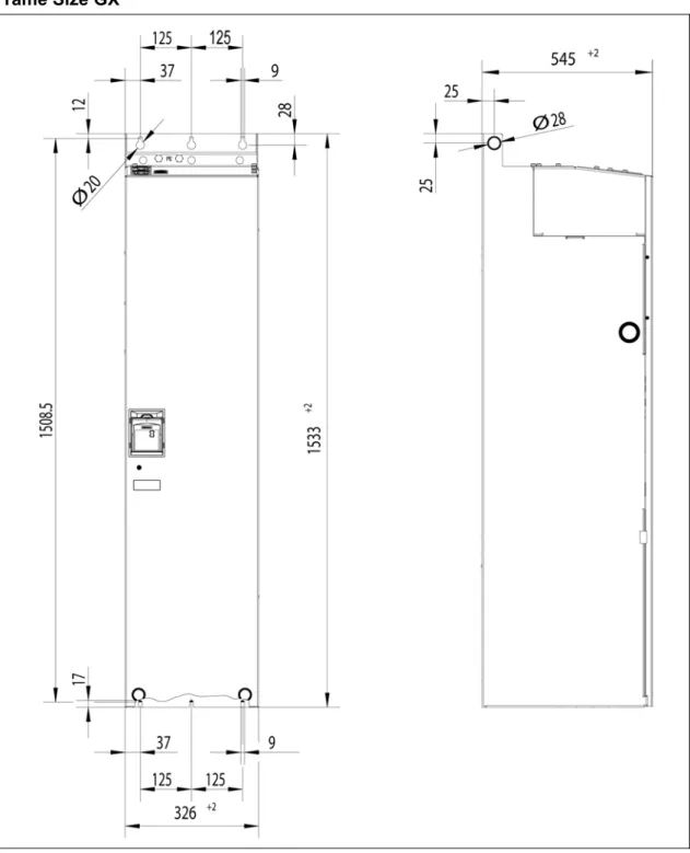 Figure 2-6  Installation dimensions for MICROMASTER 430 Frame size GX 