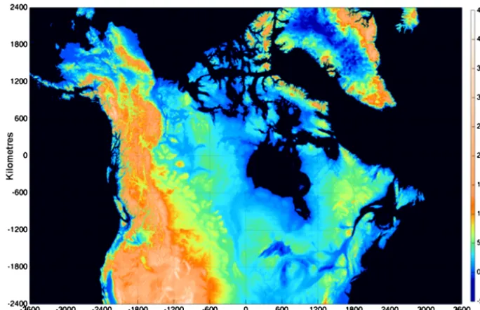 Figure 3. The present-day land–ocean mask (uniform deep blue) and the bedrock topography at 1 km resolution.
