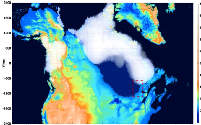 Figure 6. The area around the eastern shore of the lake, outlined in red in Fig. 5. (a) The 40 km resolution estimate
