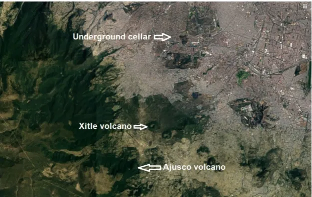 Figure 1. Location of the underground cellar, In the Xitle volcano area. 