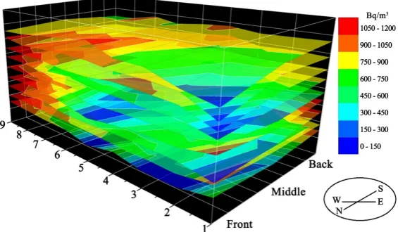 Figure 8. Radon (220Rn and 222Rn) concentration distribution, in each of the 9 measured planes inside the cellar