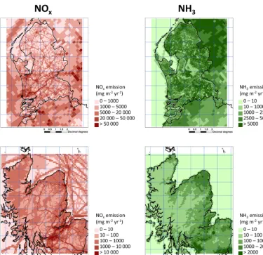 Figure 1. Spatial distributions of annual emissions of NOEMEP 50x (left) and NH3 (right), for the Dutch (top) and Scottish (bottom) domains
