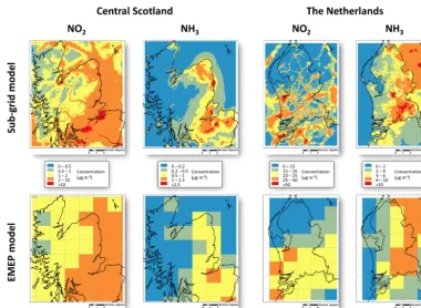 Figure 3. Sub-grid model predictions (top row) of annual mean concentrations of NO2 and NH3 for the two domains