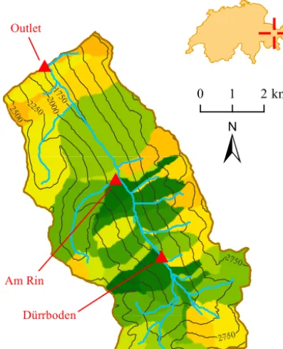 Figure 4. Map of the Dischma catchment displaying the subwater-sheds (coloured areas) and stream network (light blue line) derivedfrom the DEM using TauDEM