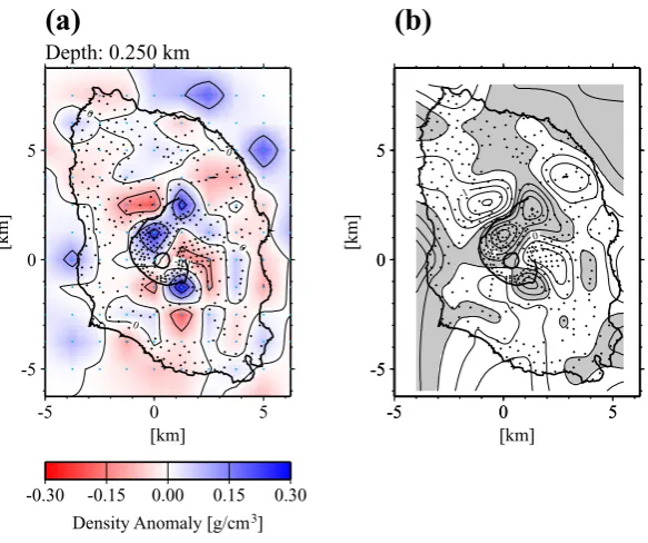 Fig. 10.(a) Density anomaly after the simultaneous inversion. (b) Calculated gravity anomaly