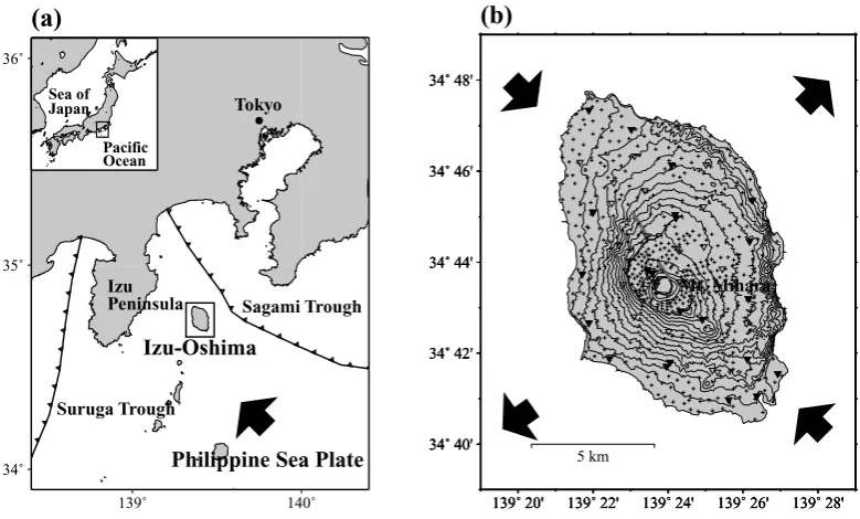 Fig. 2. (a) Index map of Izu-Oshima volcano and surroundings. The arrow indicates the direction of Philippine Sea plate motion